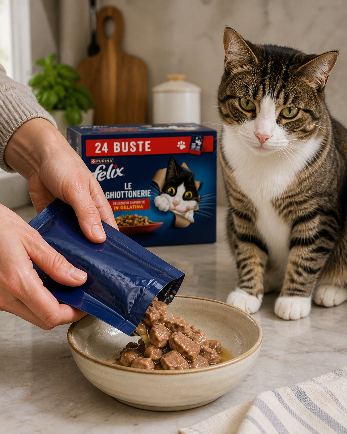Bustina da 85 g di Norcrest Delizie di Carne servita nella ciotola del gatto.